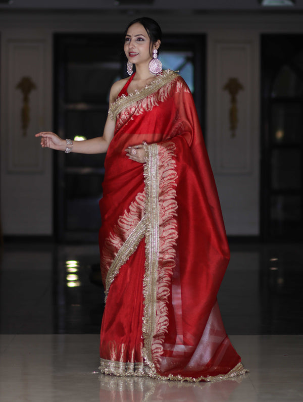 Banarasee Handloom Plain Tissue Saree With Zari Border & Lace-Red