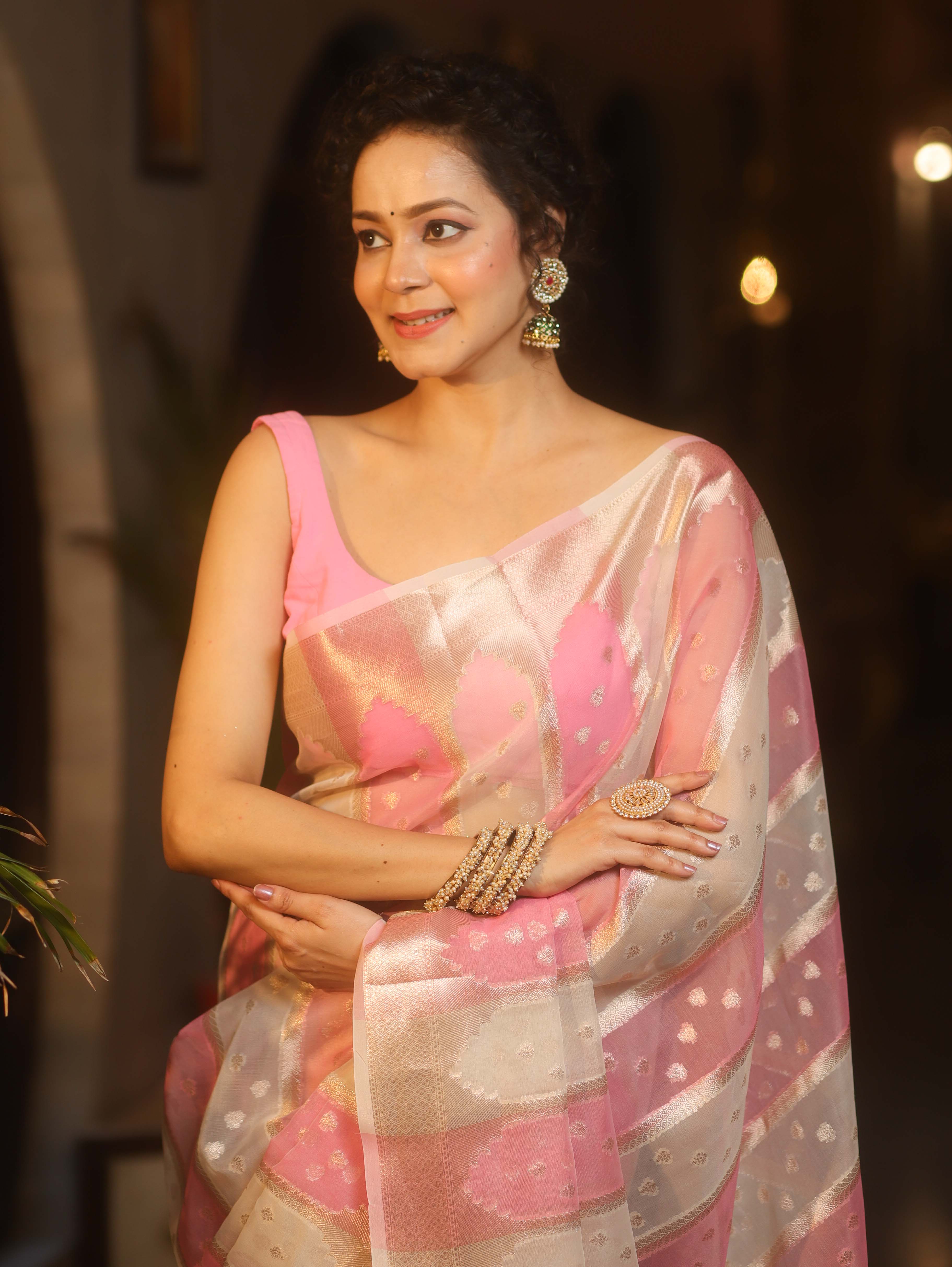 Banarasee Organza Saree With Zari Buti & Rangkat Design-Pink & White