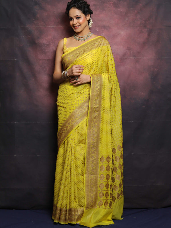 Banarasee Semi-Chiffon Antique Zari Saree-Yellow