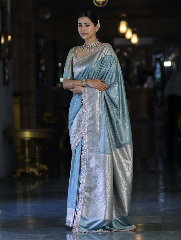 Banarasee Handloom Mashru Silk Saree With Tanchoi Work & Lace Border-Dusty Blue