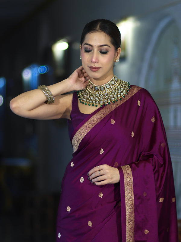 Banarasee Mashru Silk Saree With Zari Motifs & Floral Border-Deep Magenta