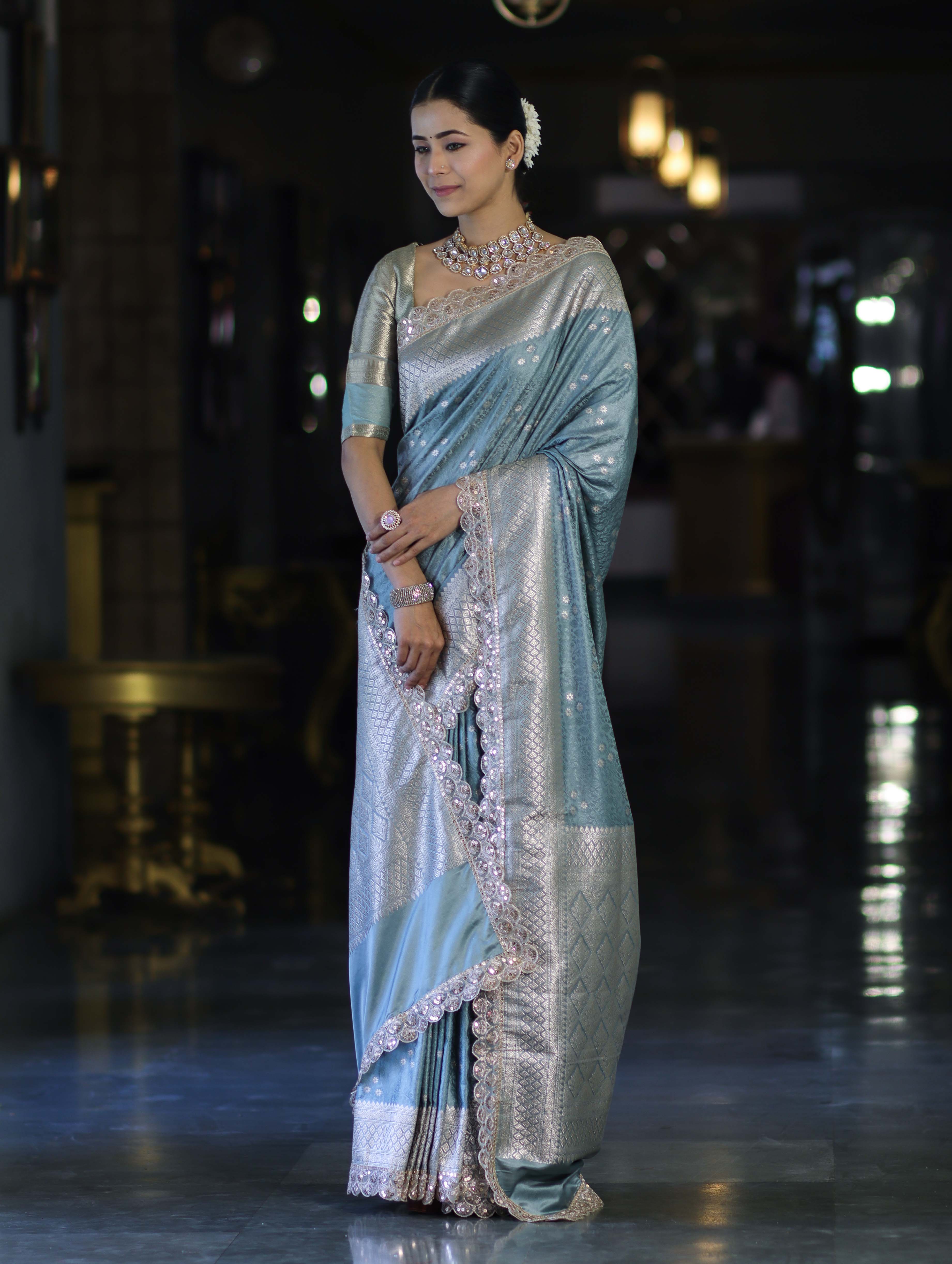 Banarasee Handloom Mashru Silk Saree With Tanchoi Work & Lace Border-Dusty Blue