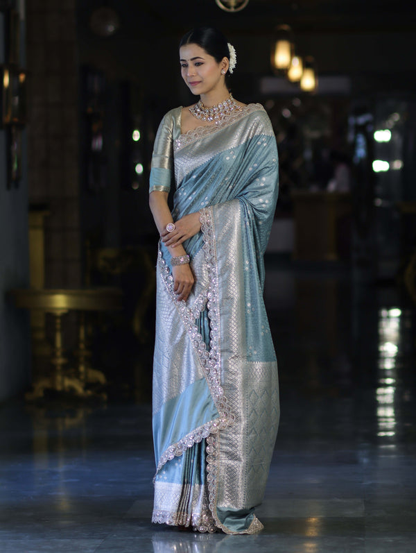 Banarasee Handloom Mashru Silk Saree With Tanchoi Work & Lace Border-Dusty Blue