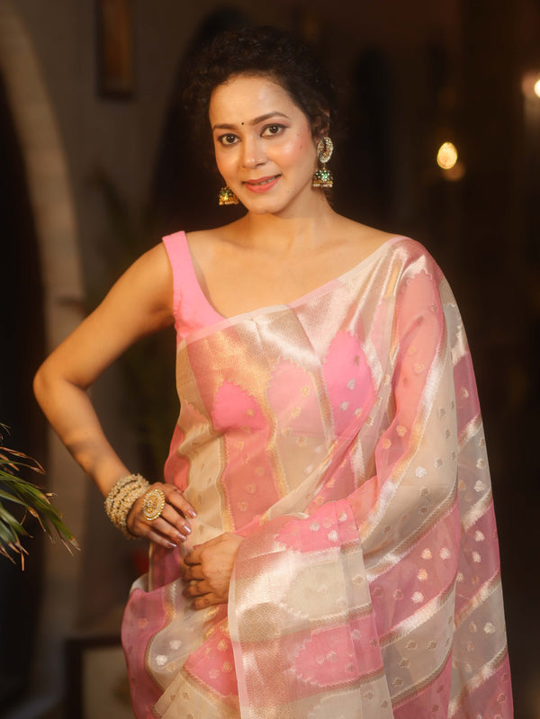 Banarasee Organza Saree With Zari Buti & Rangkat Design-Pink & White