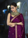 Banarasee Mashru Silk Saree With Zari Motifs & Floral Border-Deep Magenta