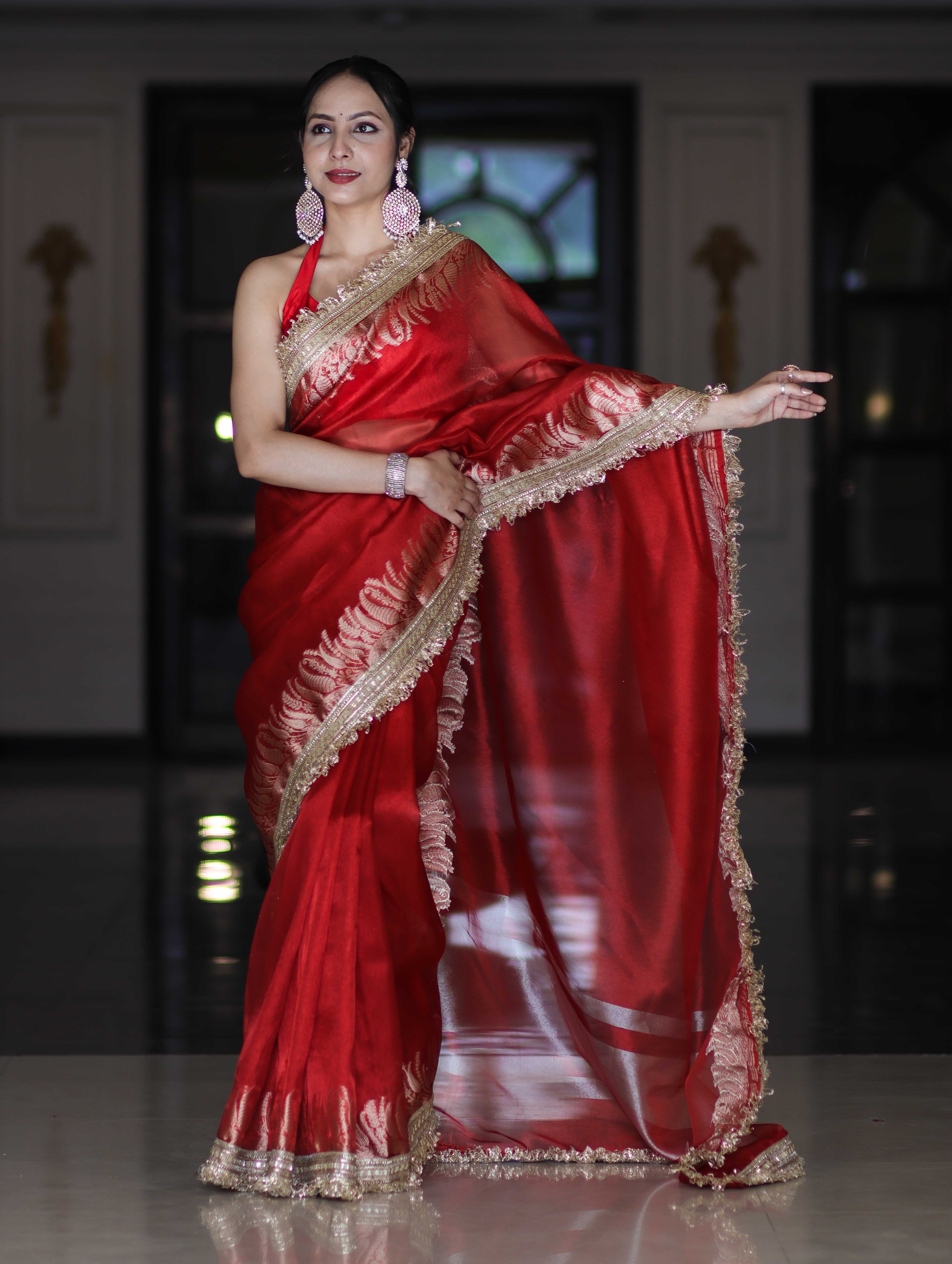 Banarasee Handloom Plain Tissue Saree With Zari Border & Lace-Red