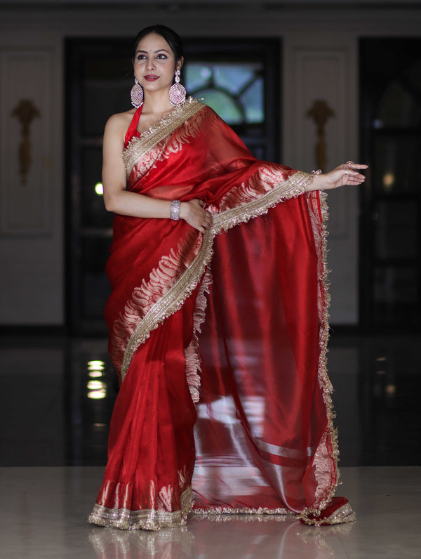 Banarasee Handloom Plain Tissue Saree With Zari Border & Lace-Red
