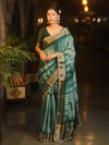 Banarasee Handwoven Semi Silk Shibori Dye Saree With Zari Border-Green & White