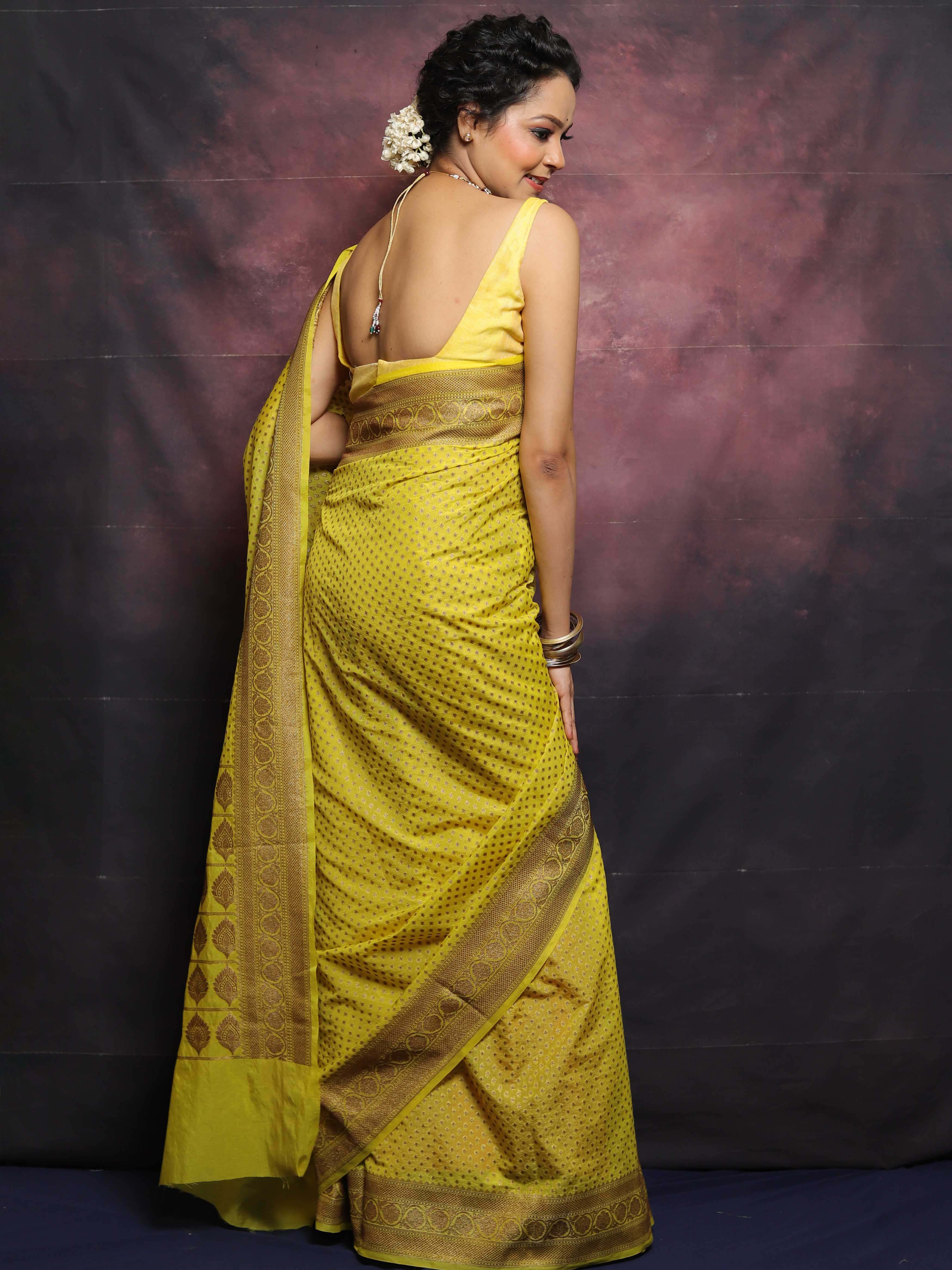 Banarasee Semi-Chiffon Antique Zari Saree-Yellow