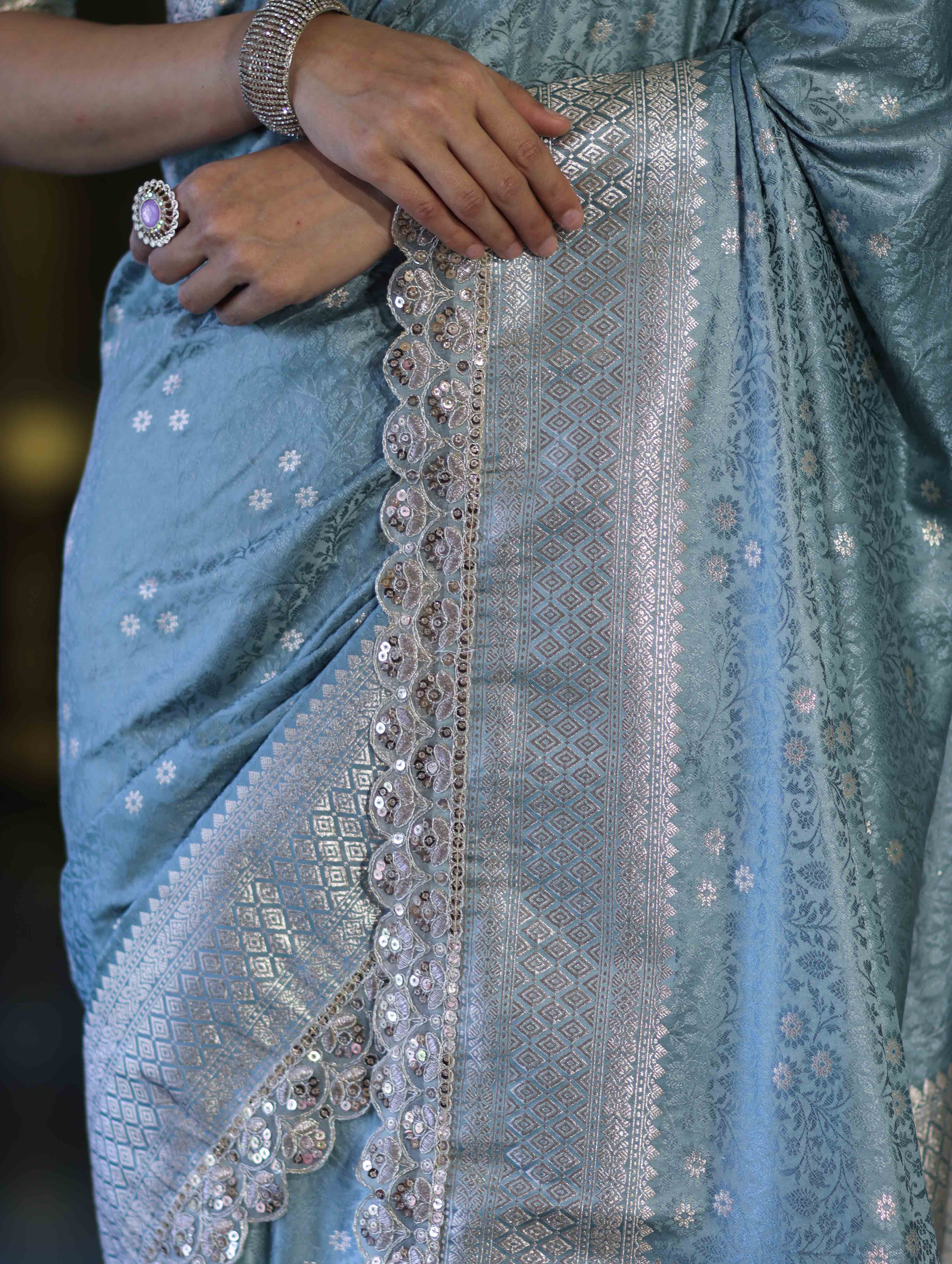 Banarasee Handloom Mashru Silk Saree With Tanchoi Work & Lace Border-Dusty Blue