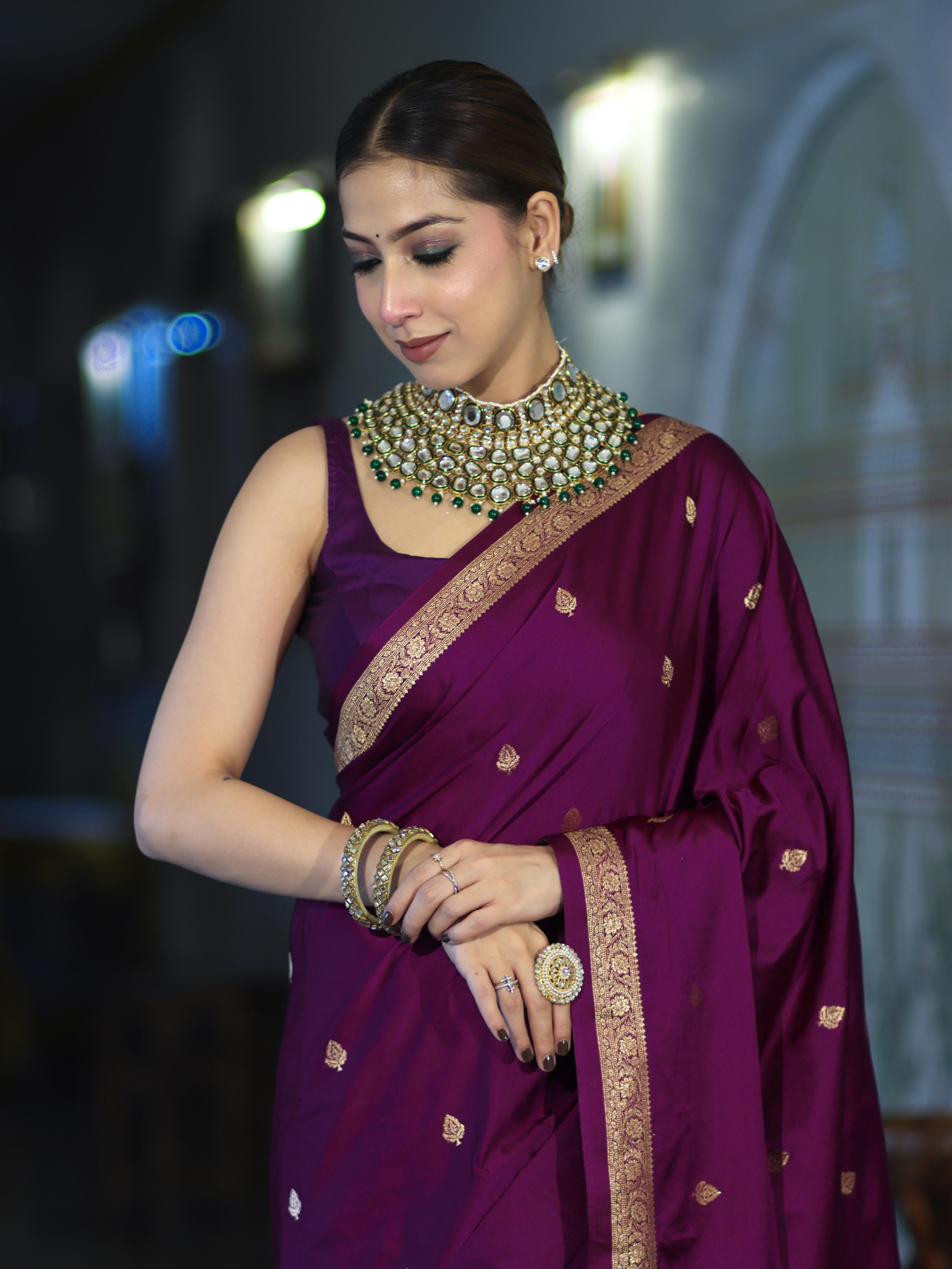 Banarasee Mashru Silk Saree With Zari Motifs & Floral Border-Deep Magenta