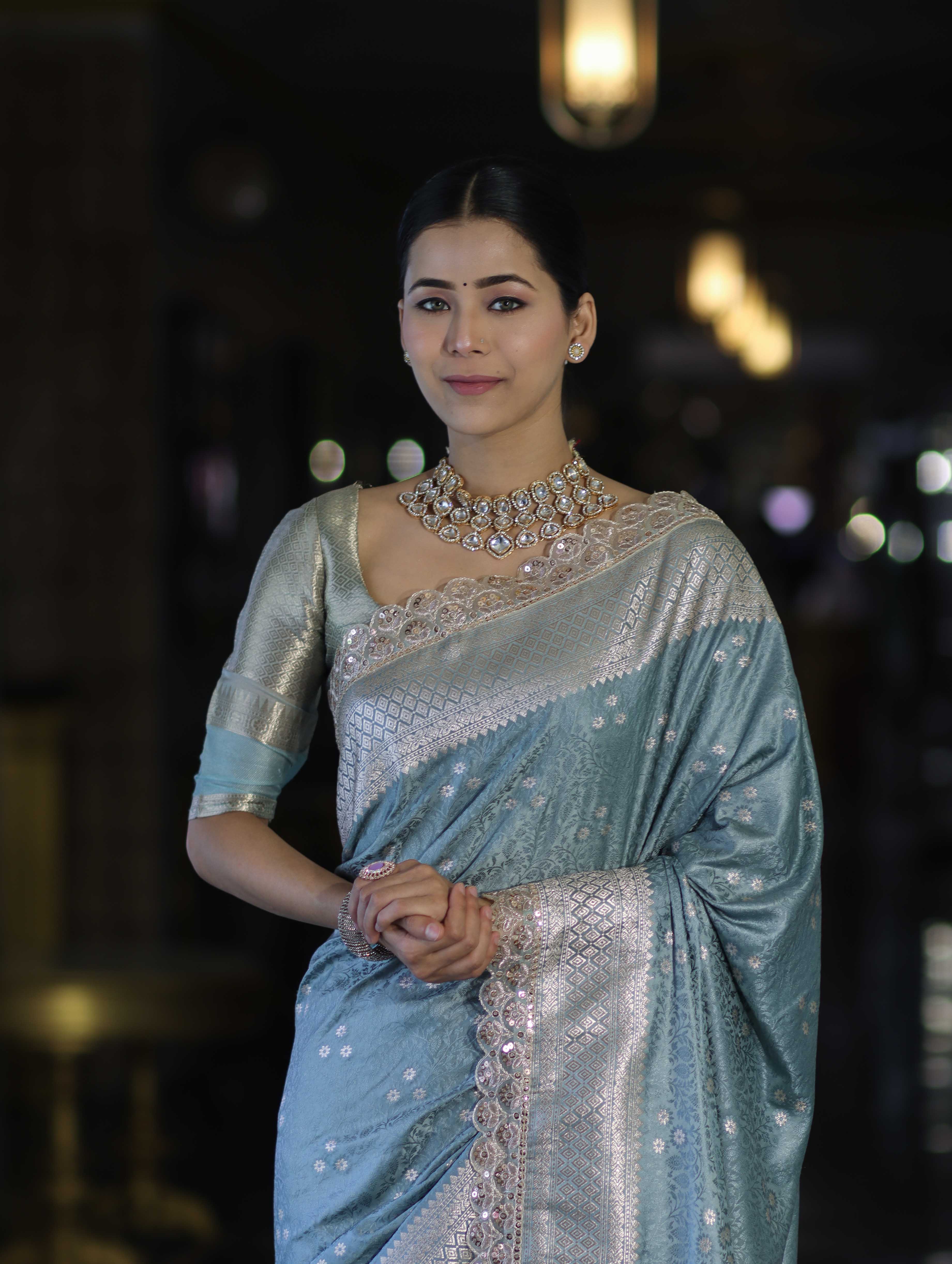 Banarasee Handloom Mashru Silk Saree With Tanchoi Work & Lace Border-Dusty Blue