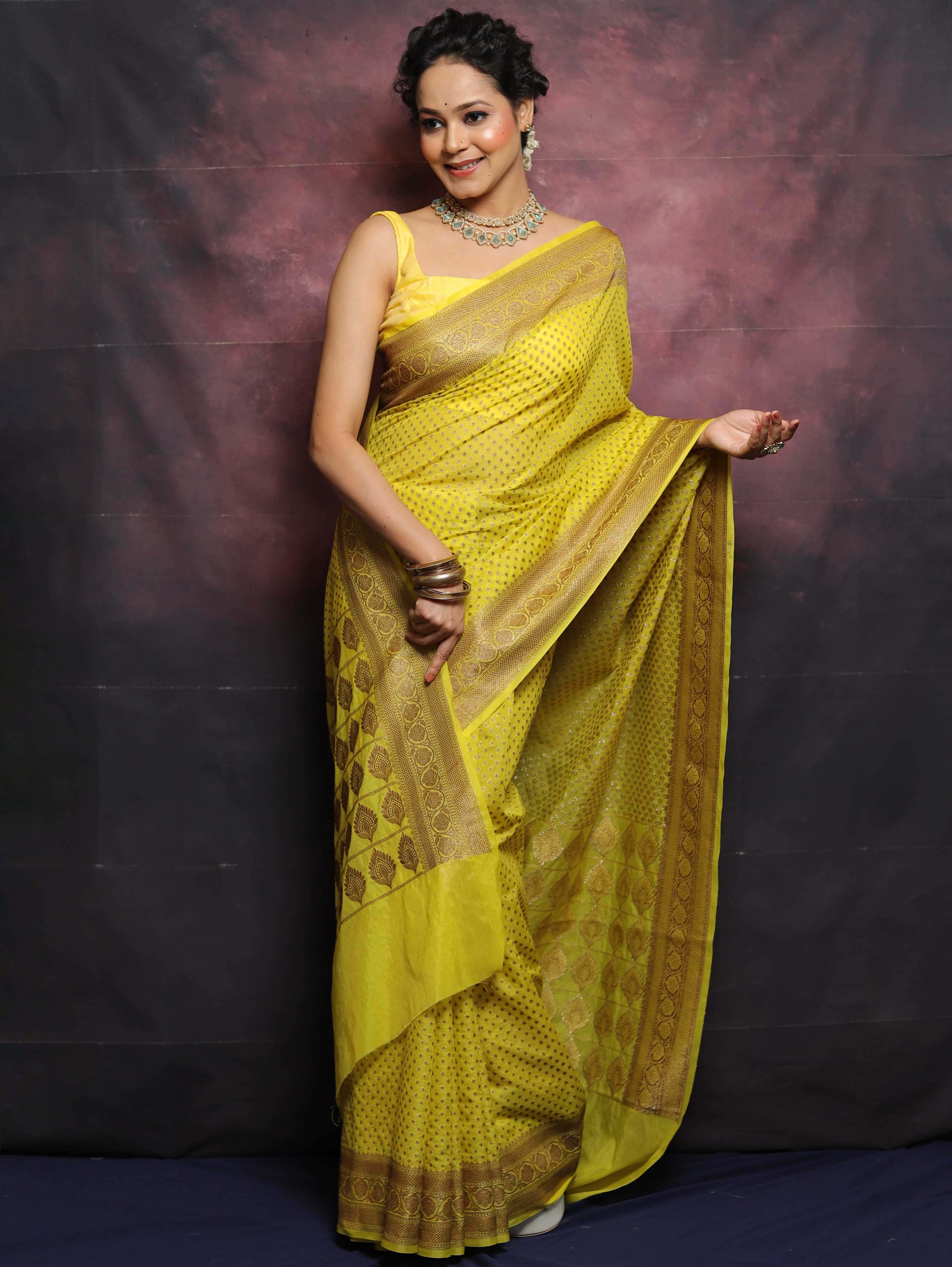 Banarasee Semi-Chiffon Antique Zari Saree-Yellow