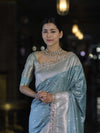 Banarasee Handloom Mashru Silk Saree With Tanchoi Work & Lace Border-Dusty Blue