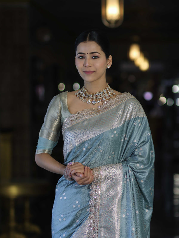 Banarasee Handloom Mashru Silk Saree With Tanchoi Work & Lace Border-Dusty Blue
