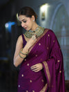 Banarasee Mashru Silk Saree With Zari Motifs & Floral Border-Deep Magenta