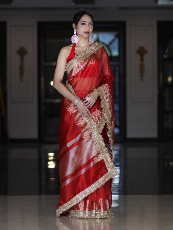 Banarasee Handloom Plain Tissue Saree With Zari Border & Lace-Red