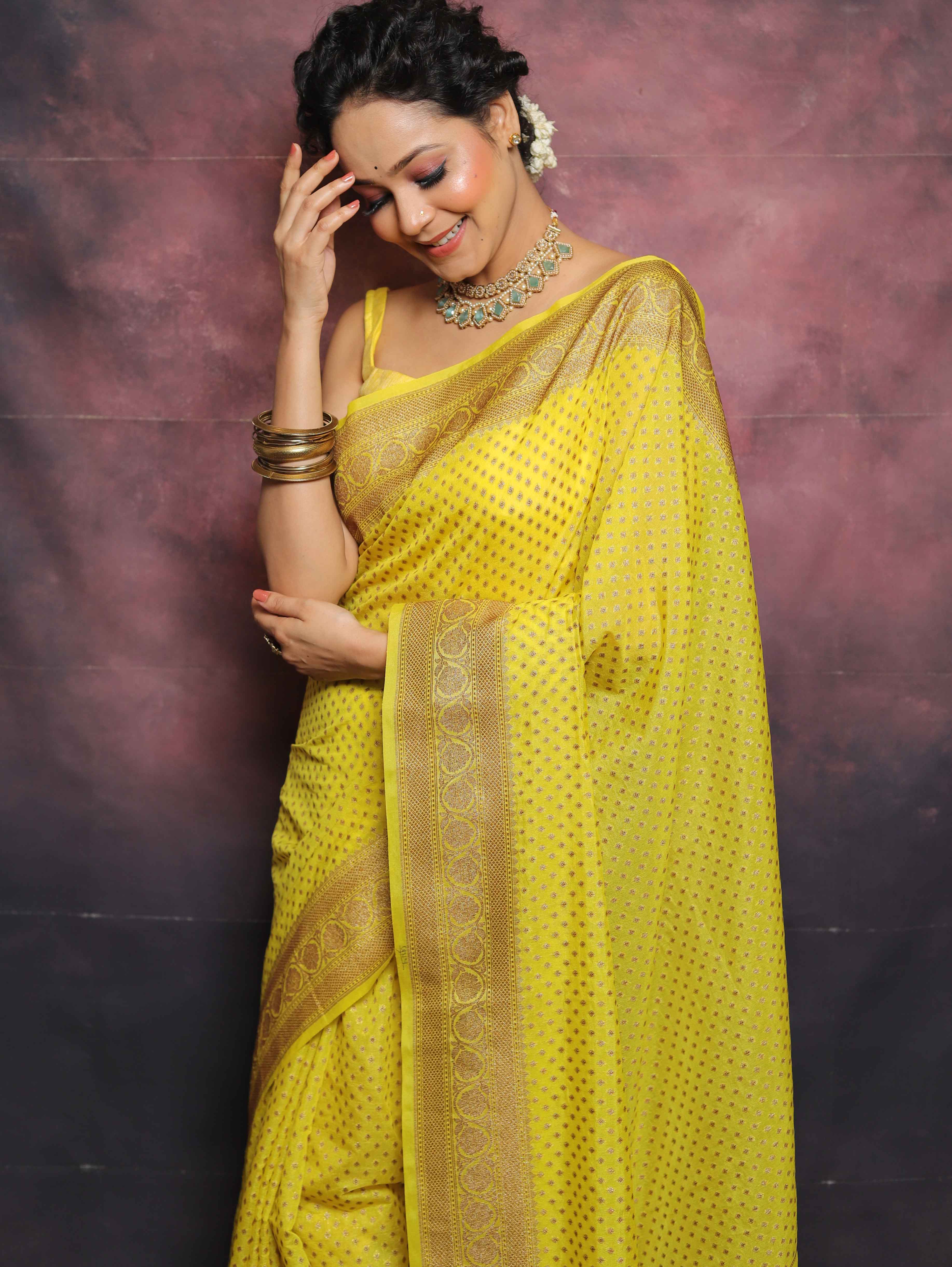 Banarasee Semi-Chiffon Antique Zari Saree-Yellow