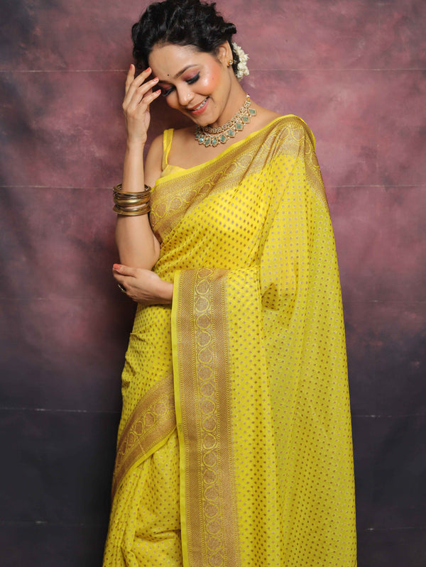 Banarasee Semi-Chiffon Antique Zari Saree-Yellow