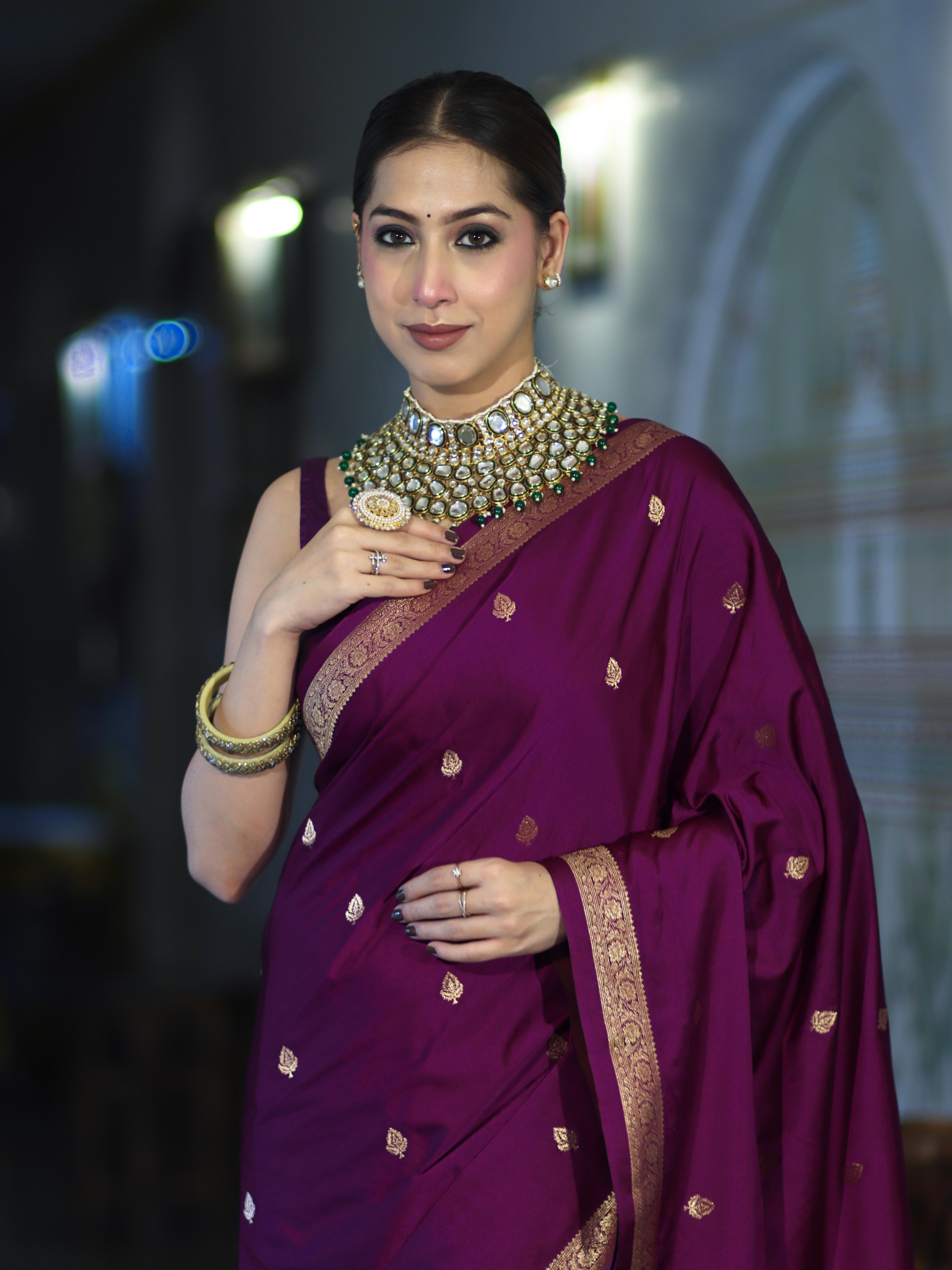 Banarasee Mashru Silk Saree With Zari Motifs & Floral Border-Deep Magenta