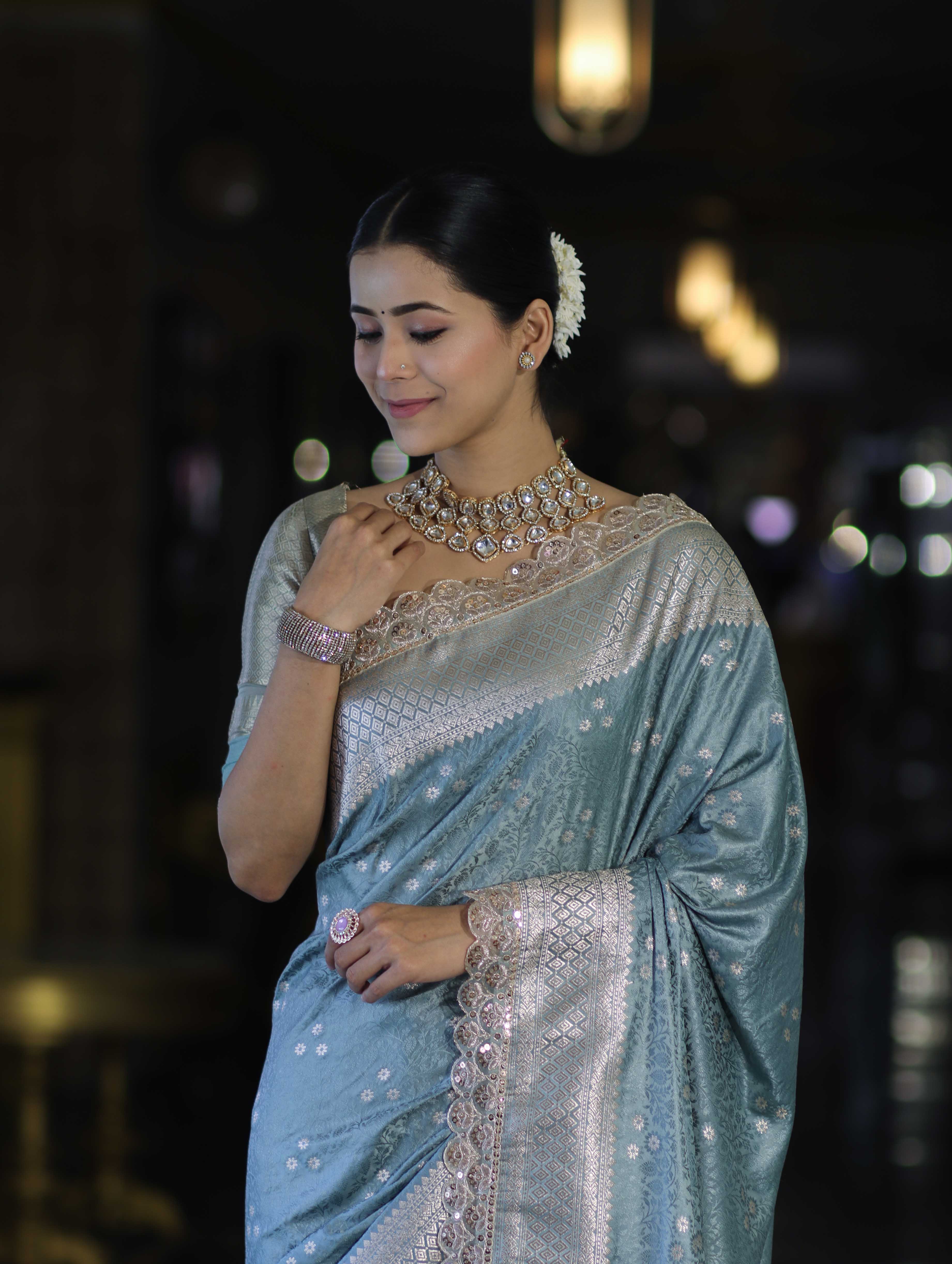 Banarasee Handloom Mashru Silk Saree With Tanchoi Work & Lace Border-Dusty Blue