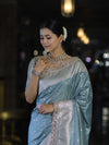 Banarasee Handloom Mashru Silk Saree With Tanchoi Work & Lace Border-Dusty Blue