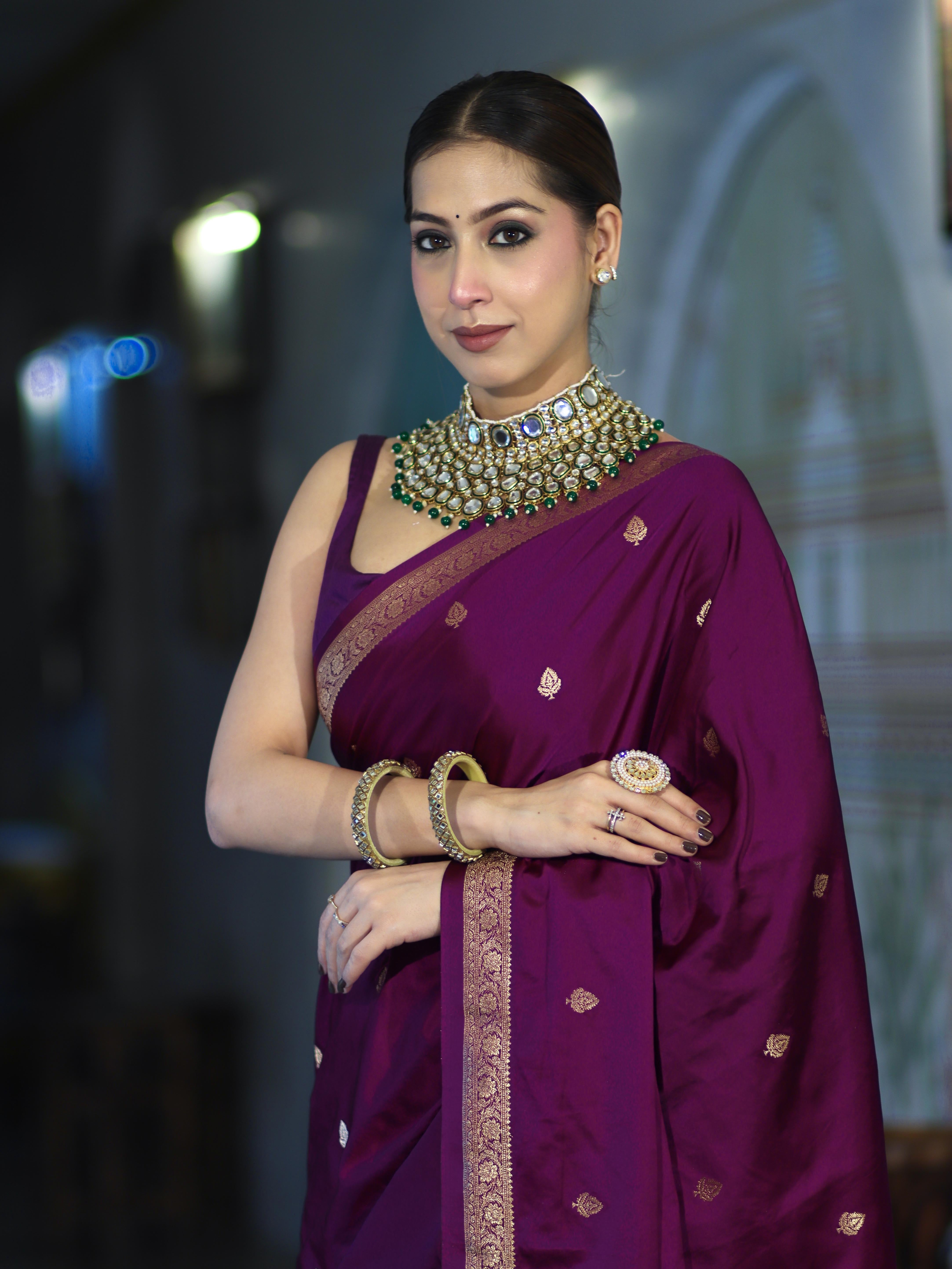 Banarasee Mashru Silk Saree With Zari Motifs & Floral Border-Deep Magenta