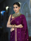 Banarasee Mashru Silk Saree With Zari Motifs & Floral Border-Deep Magenta