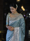 Banarasee Handloom Mashru Silk Saree With Tanchoi Work & Lace Border-Dusty Blue