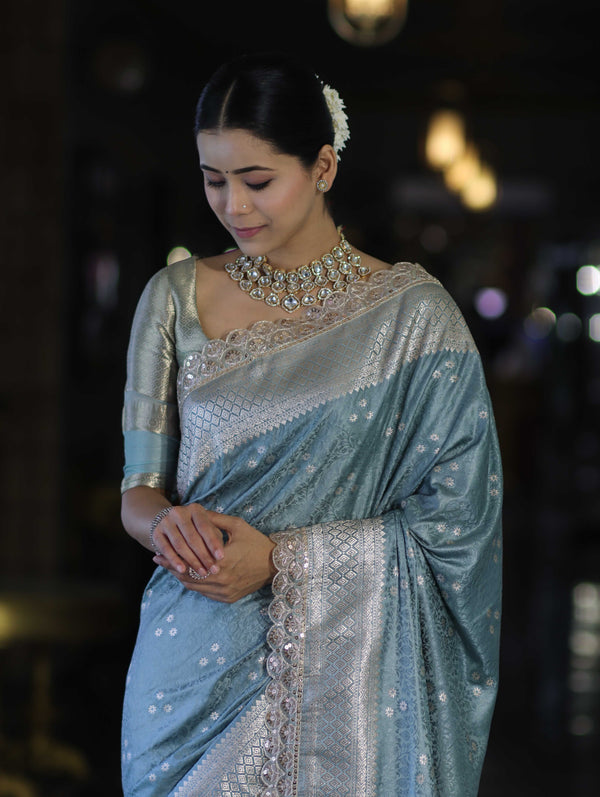 Banarasee Handloom Mashru Silk Saree With Tanchoi Work & Lace Border-Dusty Blue