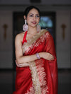 Banarasee Handloom Plain Tissue Saree With Zari Border & Lace-Red