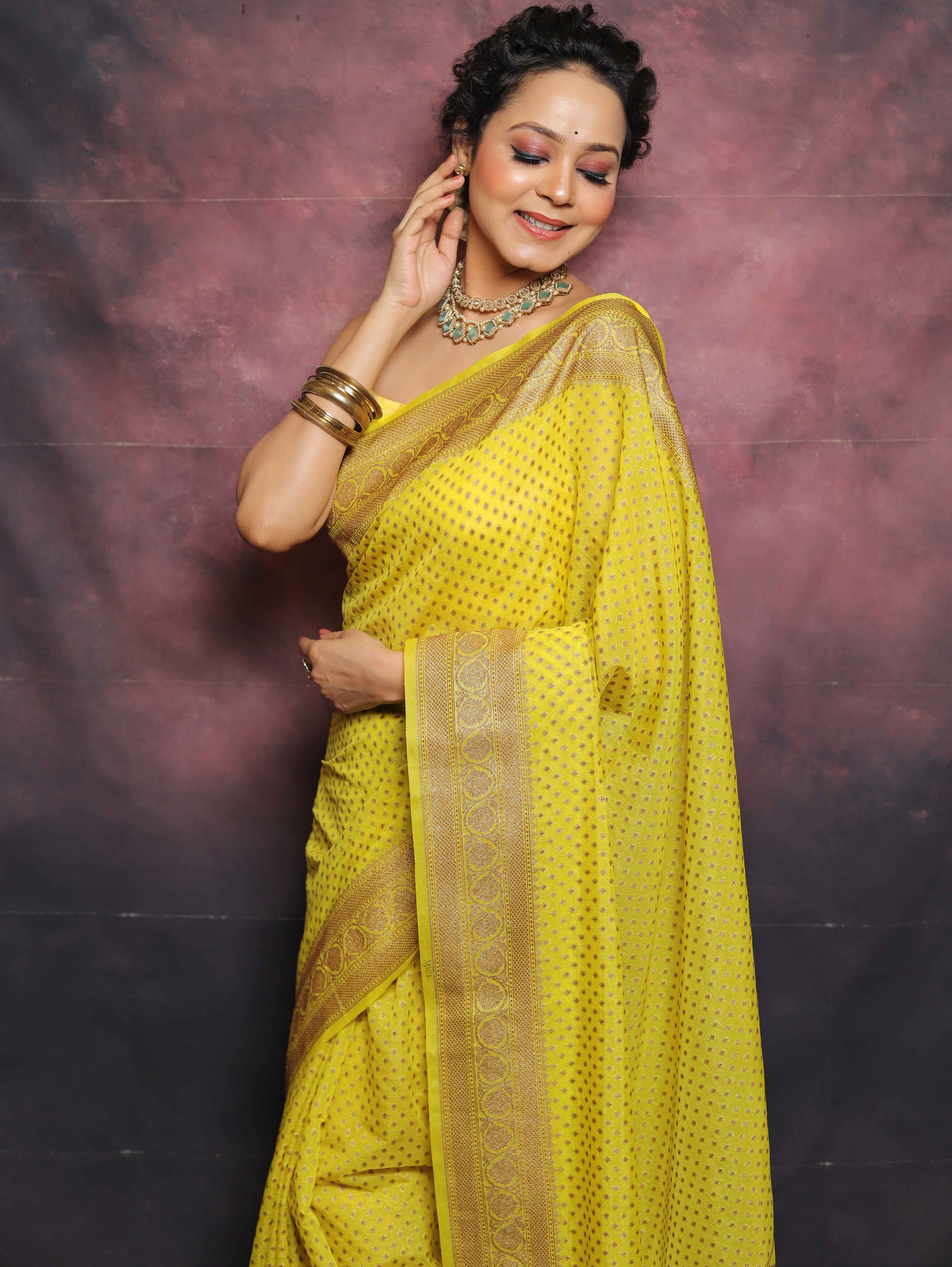 Banarasee Semi-Chiffon Antique Zari Saree-Yellow