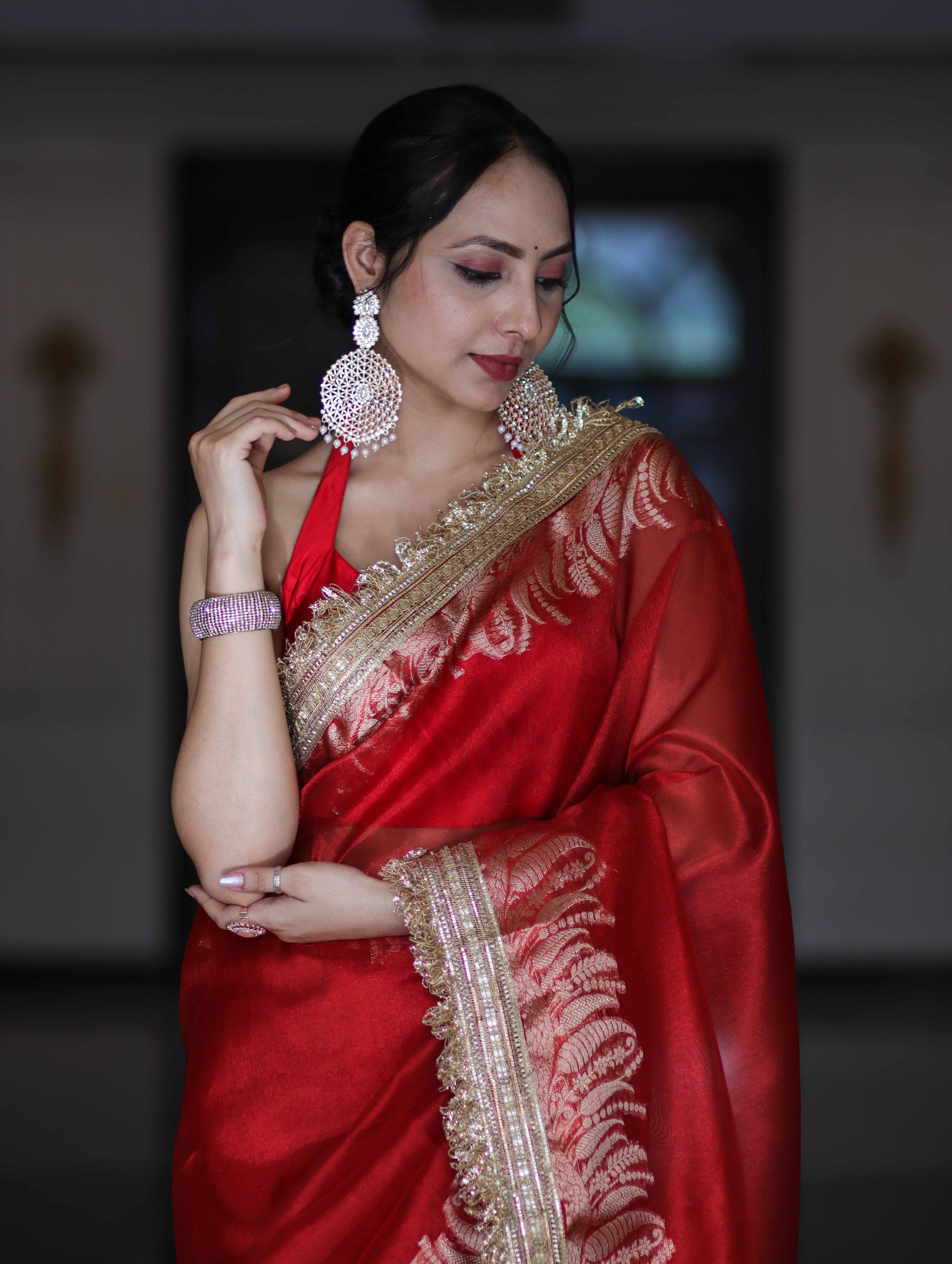 Banarasee Handloom Plain Tissue Saree With Zari Border & Lace-Red