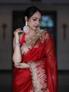 Banarasee Handloom Plain Tissue Saree With Zari Border & Lace-Red