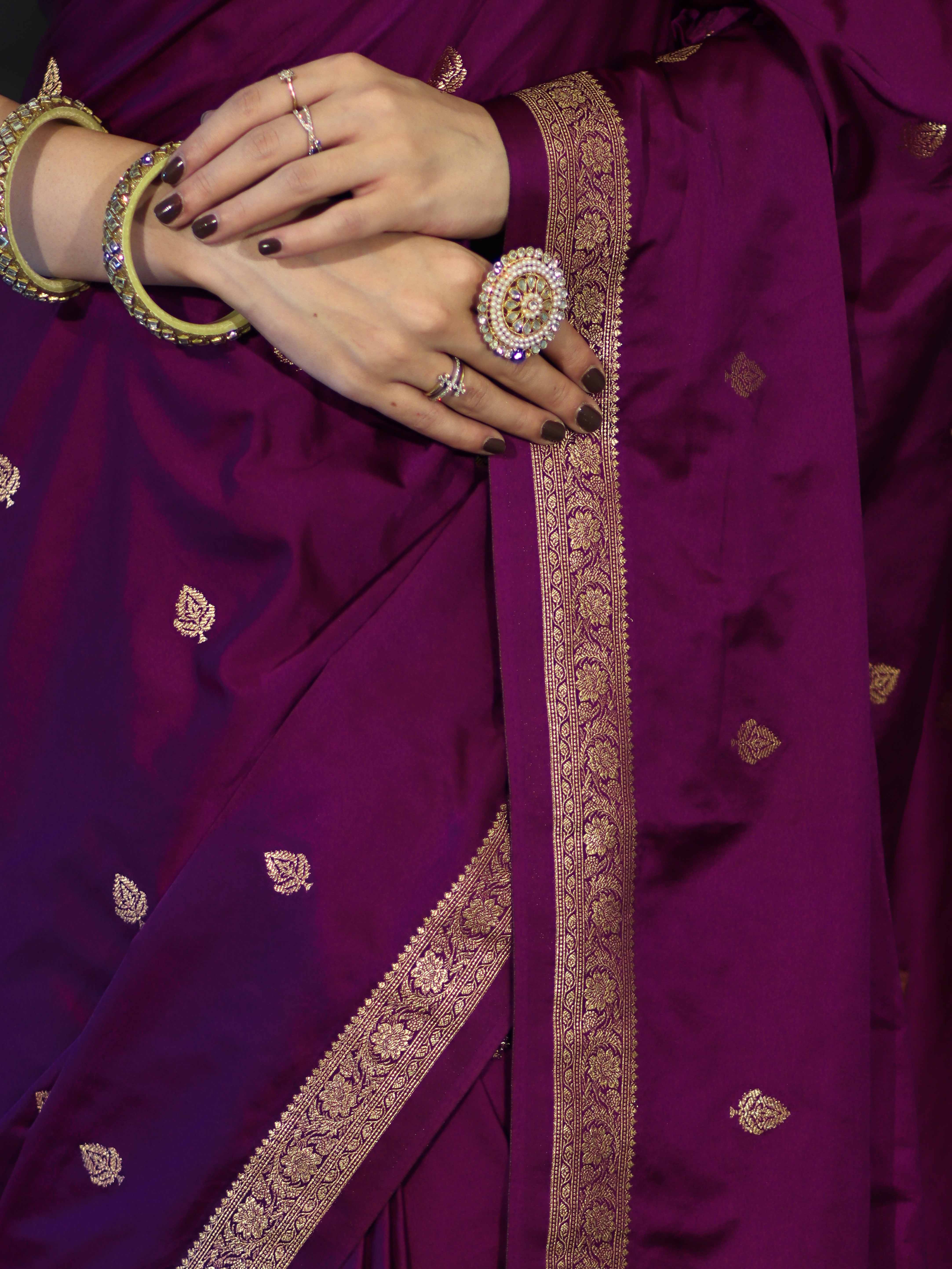 Banarasee Mashru Silk Saree With Zari Motifs & Floral Border-Deep Magenta