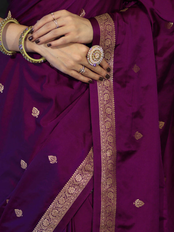 Banarasee Mashru Silk Saree With Zari Motifs & Floral Border-Deep Magenta