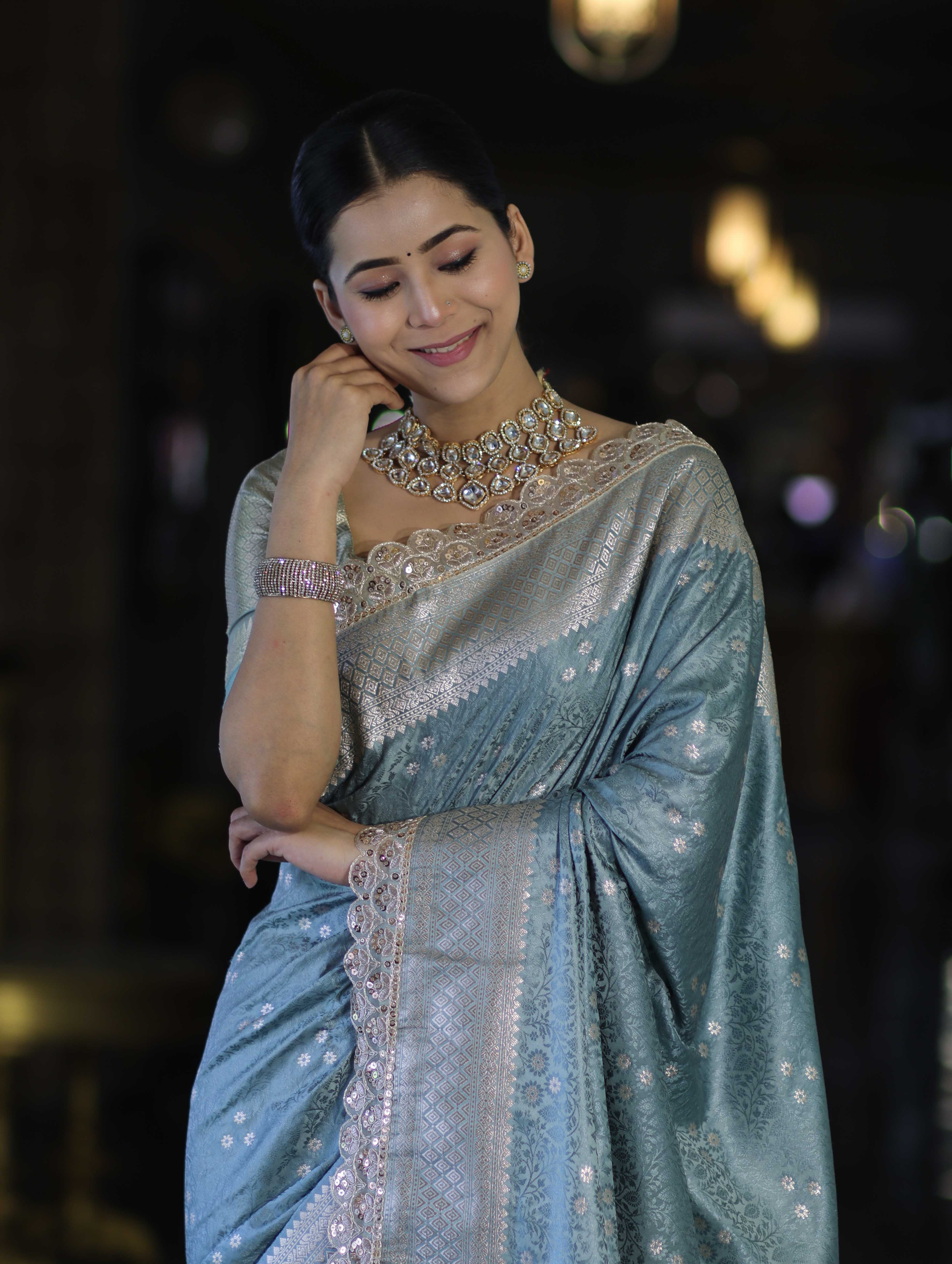 Banarasee Handloom Mashru Silk Saree With Tanchoi Work & Lace Border-Dusty Blue