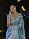 Banarasee Handloom Mashru Silk Saree With Tanchoi Work & Lace Border-Dusty Blue