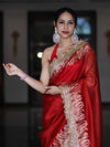 Banarasee Handloom Plain Tissue Saree With Zari Border & Lace-Red