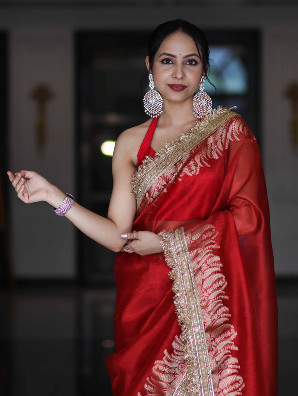 Banarasee Handloom Plain Tissue Saree With Zari Border & Lace-Red