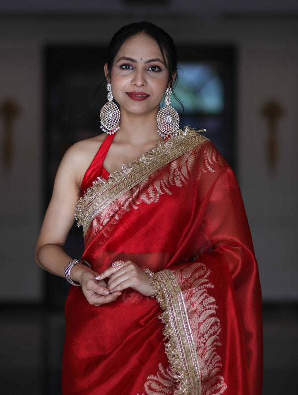 Banarasee Handloom Plain Tissue Saree With Zari Border & Lace-Red
