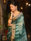 Banarasee Handwoven Semi Silk Shibori Dye Saree With Zari Border-Green & White