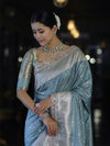 Banarasee Handloom Mashru Silk Saree With Tanchoi Work & Lace Border-Dusty Blue