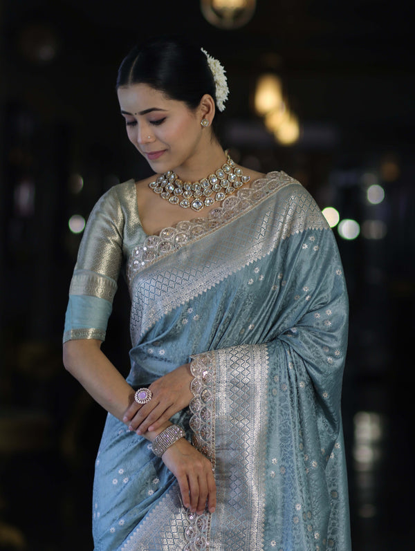 Banarasee Handloom Mashru Silk Saree With Tanchoi Work & Lace Border-Dusty Blue