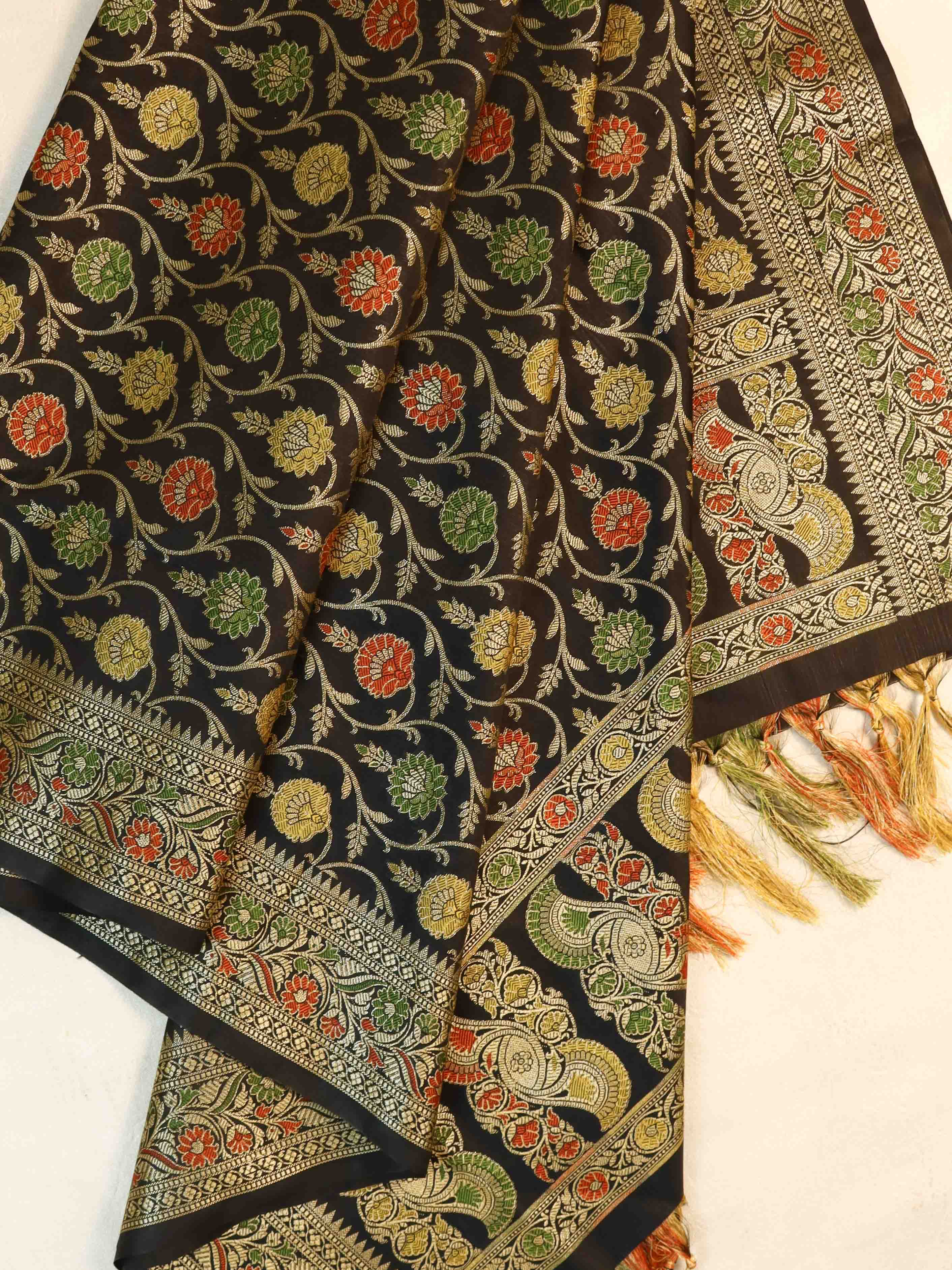 Banarasee Cotton Silk Jaal Design Dupatta-Black