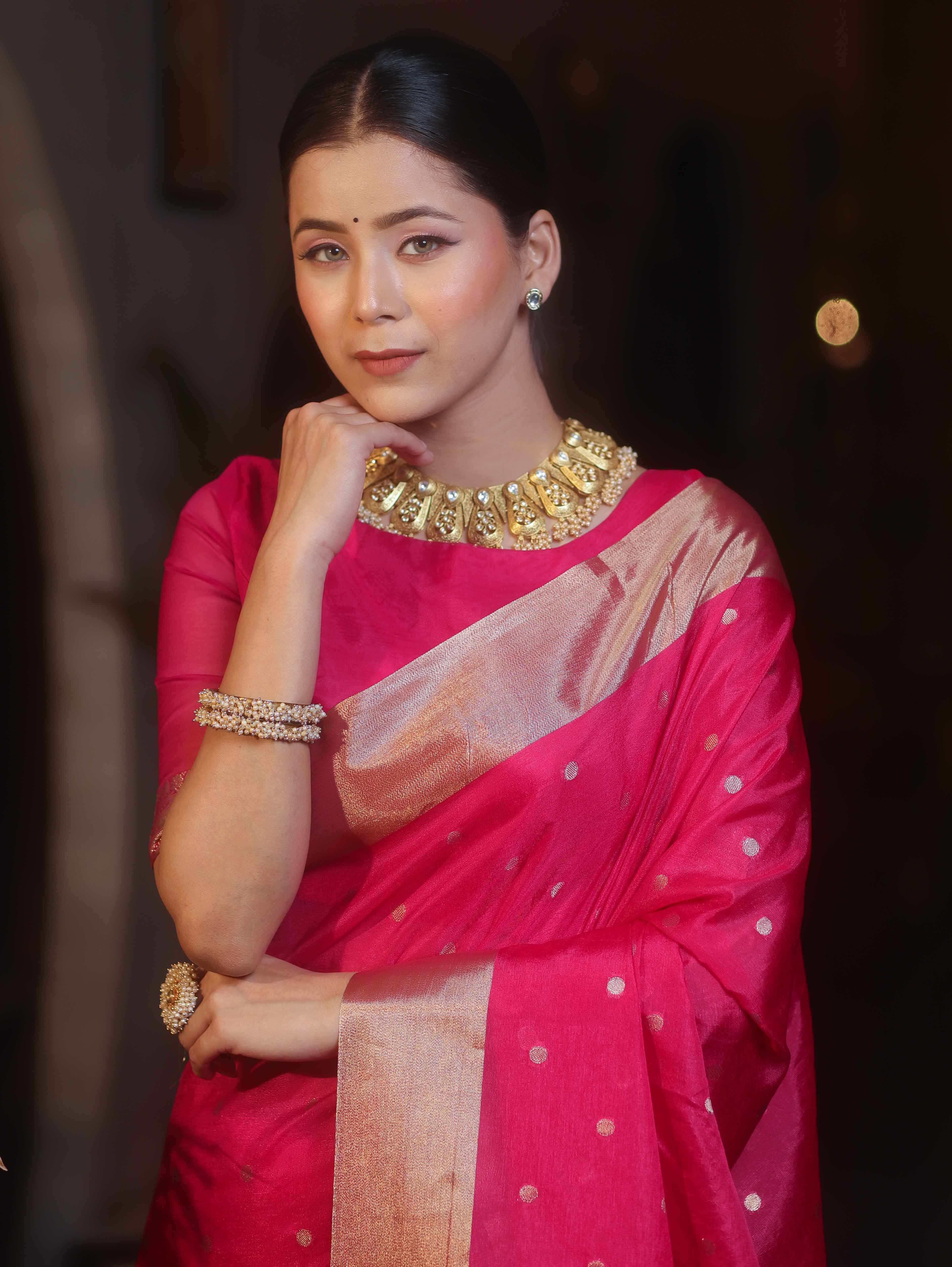Banarasee Handwoven Semi Silk Saree With Zari Buti Design-Pink