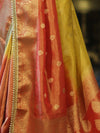 Banarasee Handloom Dual Color Tissue Silk Saree With Zari Buta Design Border & Lace-Red & Yellow