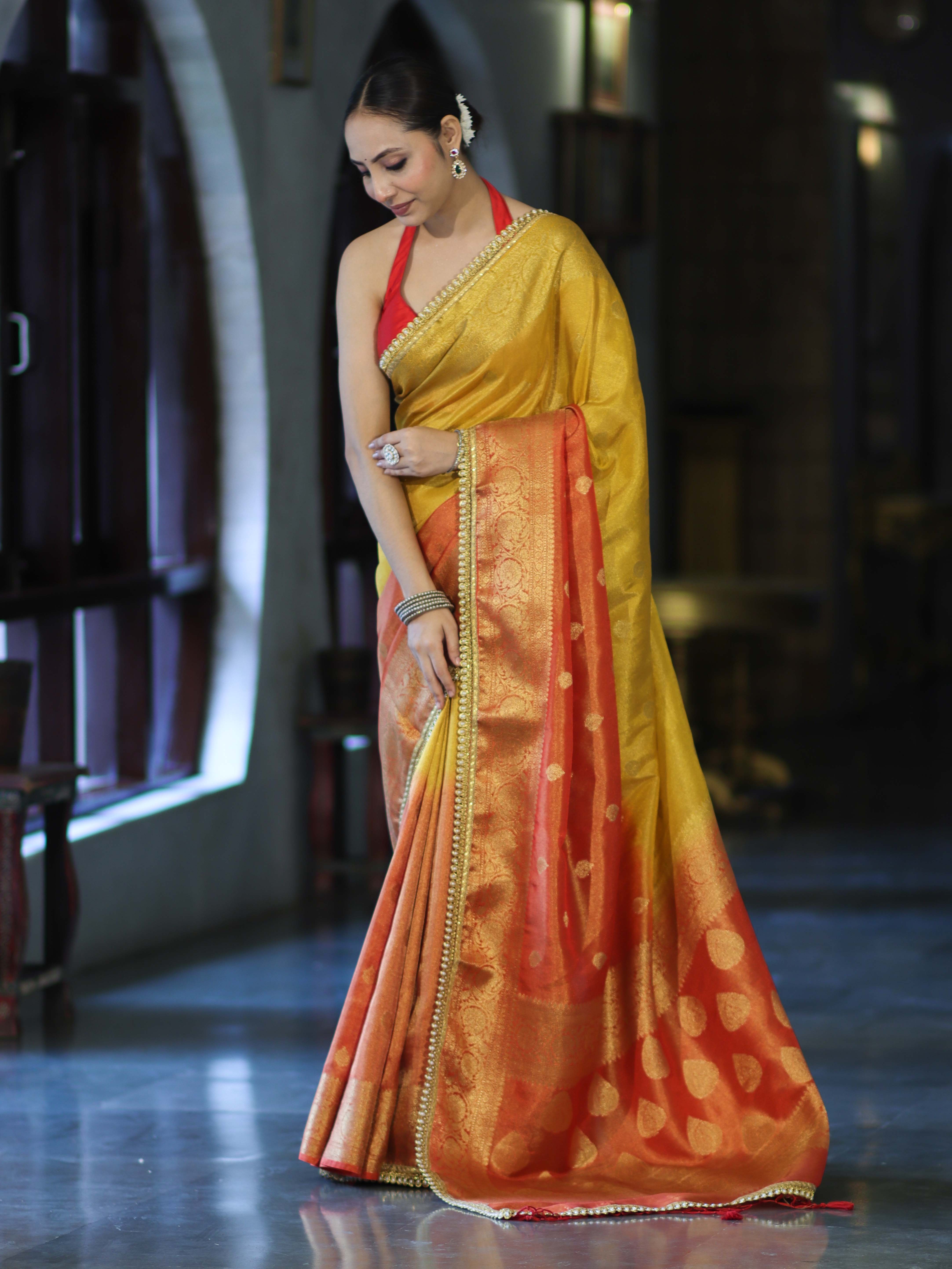 Banarasee Handloom Dual Color Tissue Silk Saree With Zari Buta Design Border & Lace-Red & Yellow