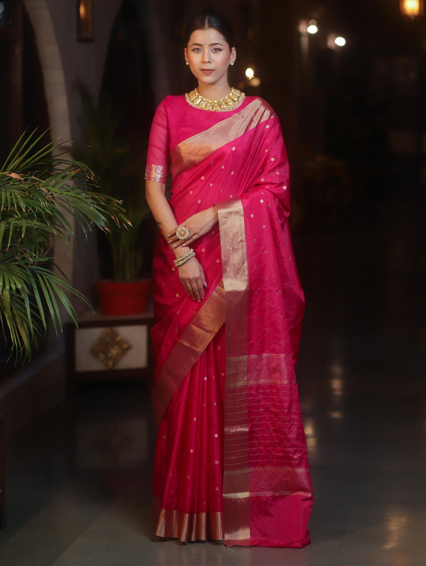 Banarasee Handwoven Semi Silk Saree With Zari Buti Design-Pink