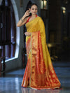 Banarasee Handloom Dual Color Tissue Silk Saree With Zari Buta Design Border & Lace-Red & Yellow